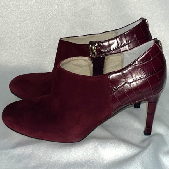 Michael Kors Sammy Ankle Boot Merlot Suede Embossed Leather Heeled Bootie Size 8 - Picture 1 of 11